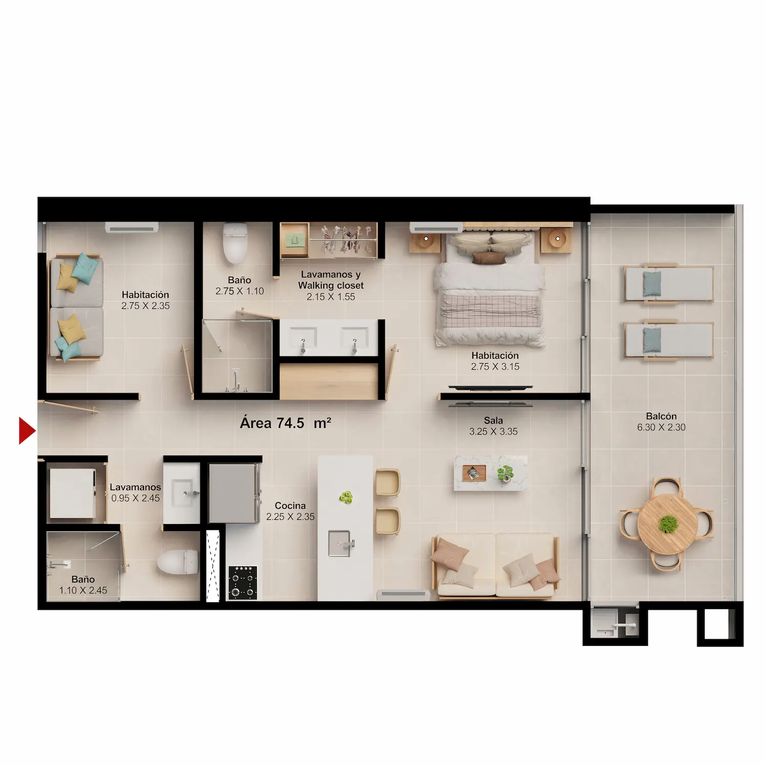 Plano apartamento puerto gaira 74m2